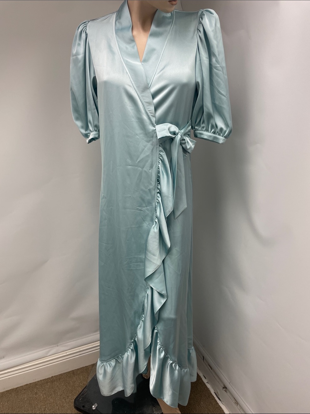 Satin Wrap Maxi Dress in Pale Aqua with Puff Sleeves